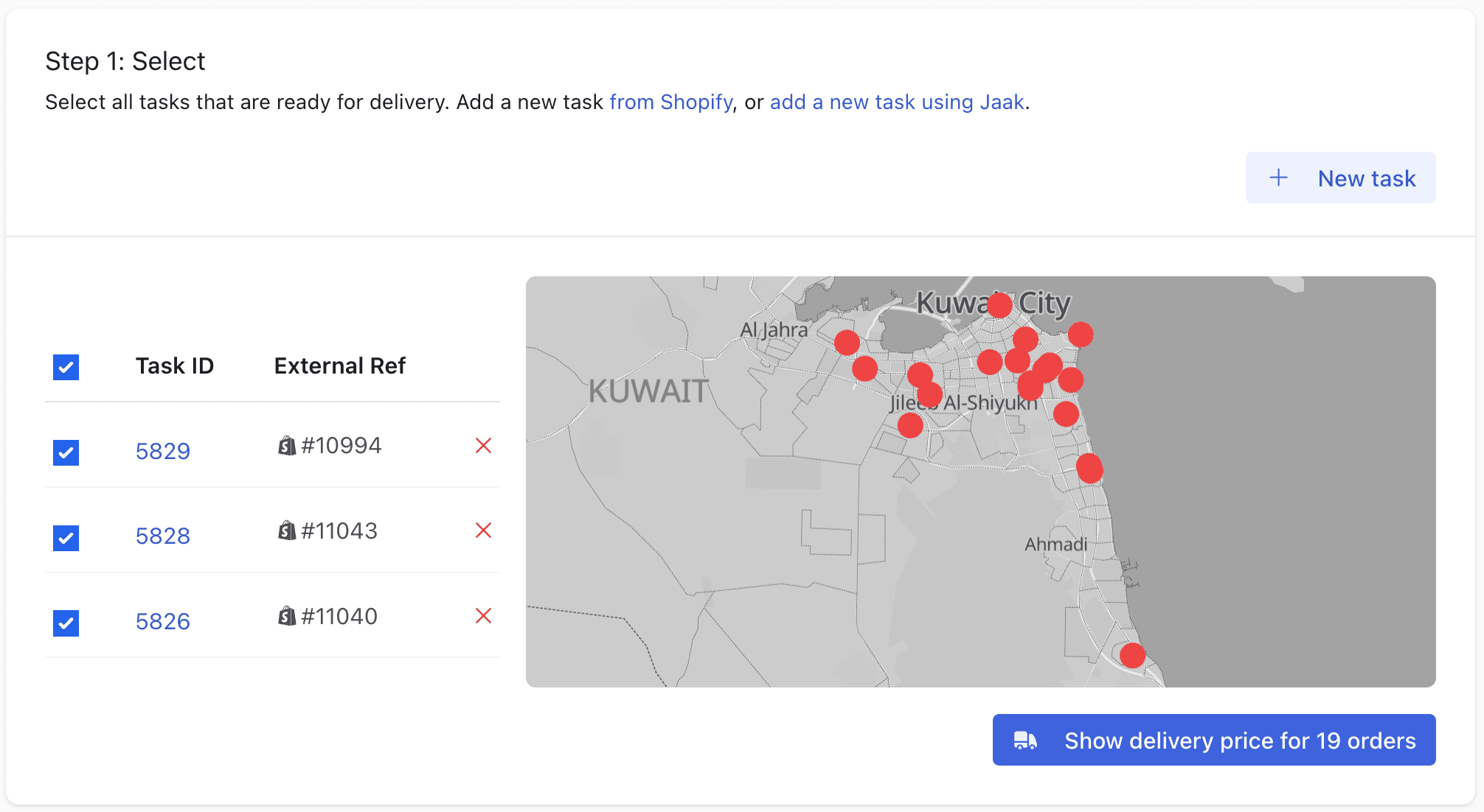 Jaak shows you the destinations of all your pending orders. Once your items are ready for pickup, you may click the button to see the delivery price.