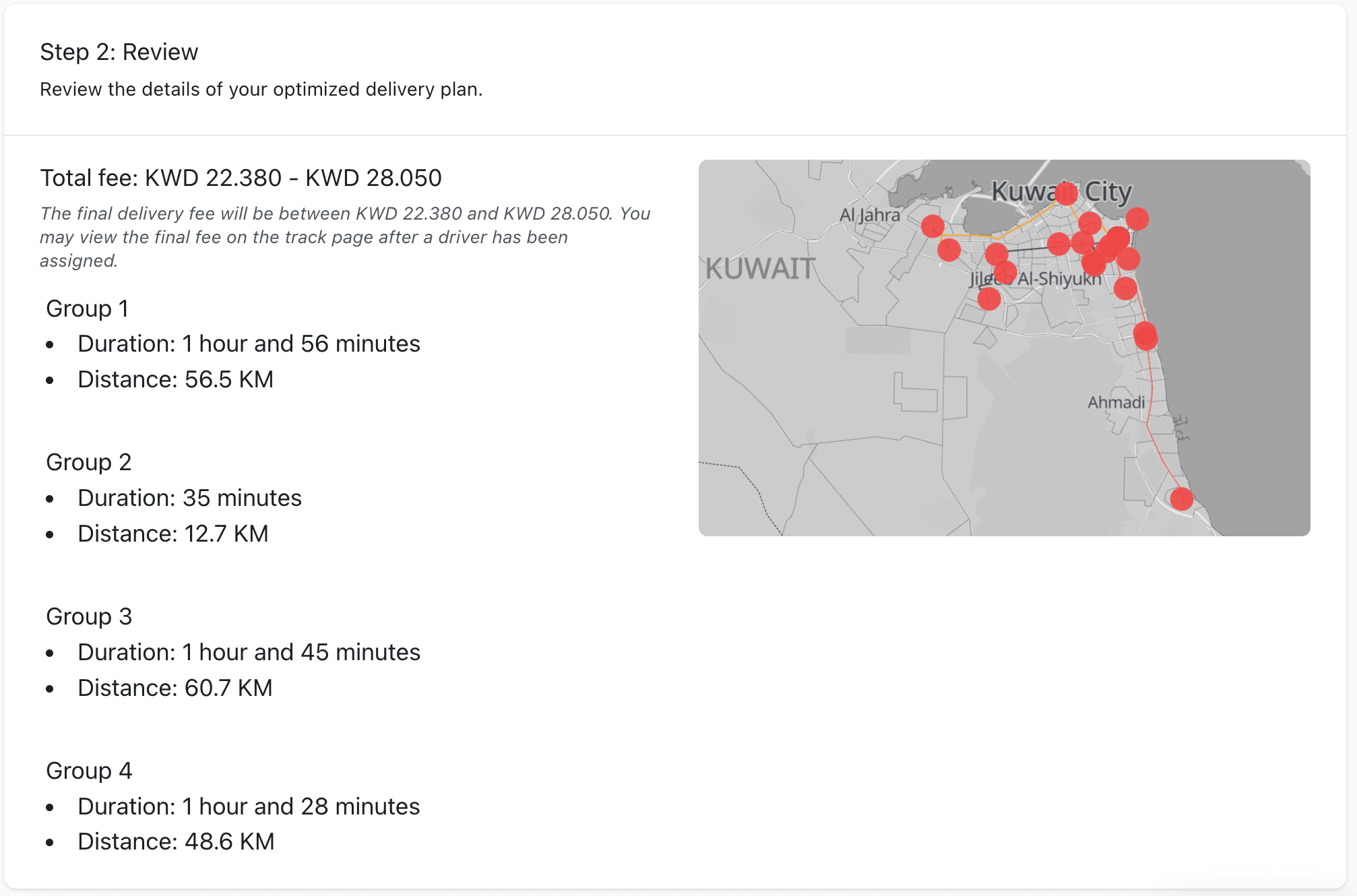 Jaak dashboard shows a competitive price for delivering multiple items across Kuwait.