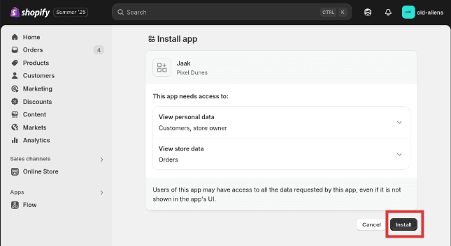 The Shopify installation prompt with the 'Install' button highlighted.