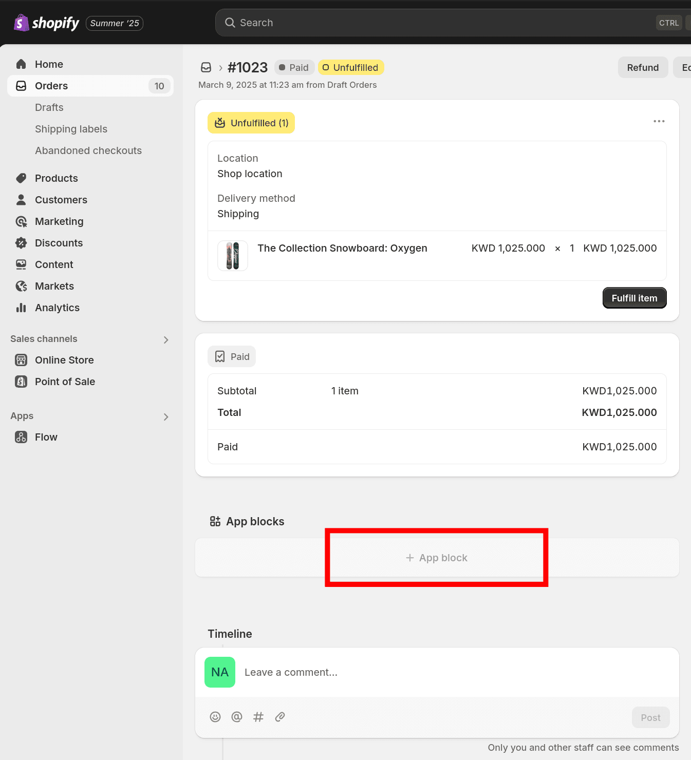 A Shopify order detail page with the 'Add app block' button highlighted.