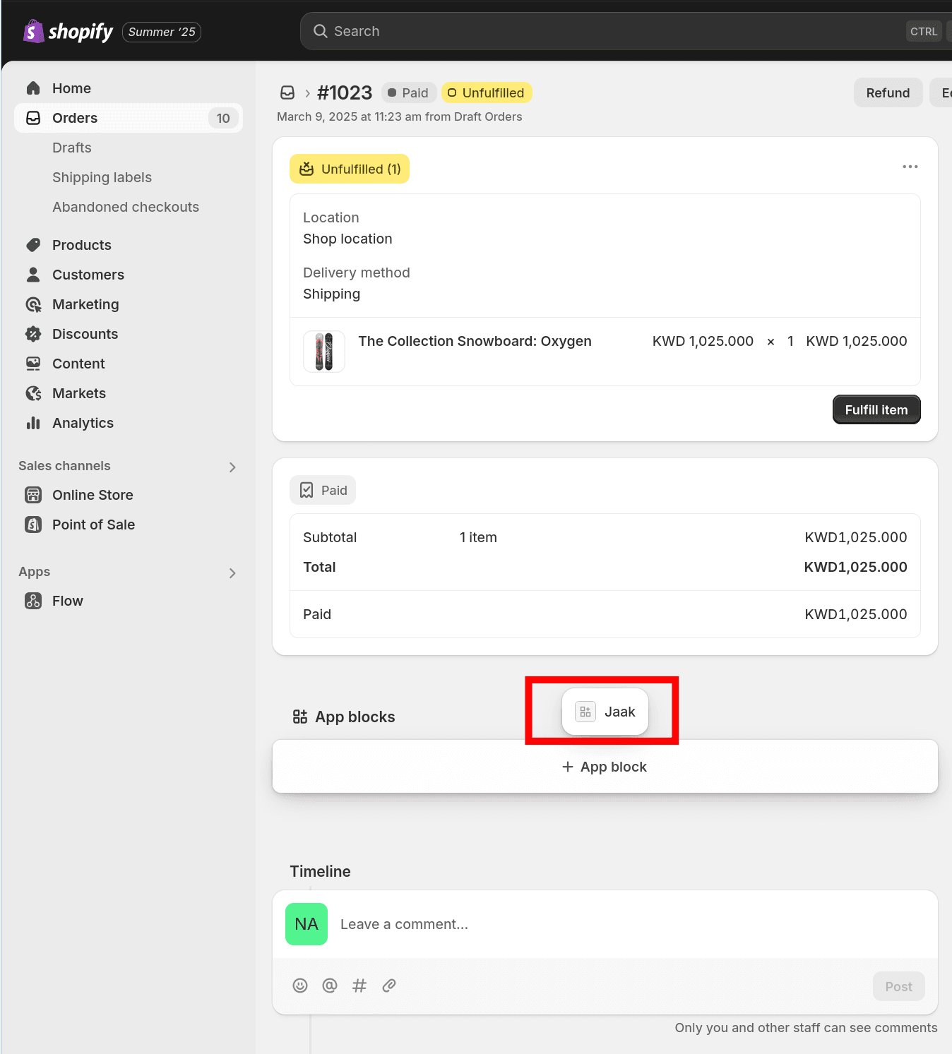 A Shopify order detail page with the 'Jaak' list item highlighted.