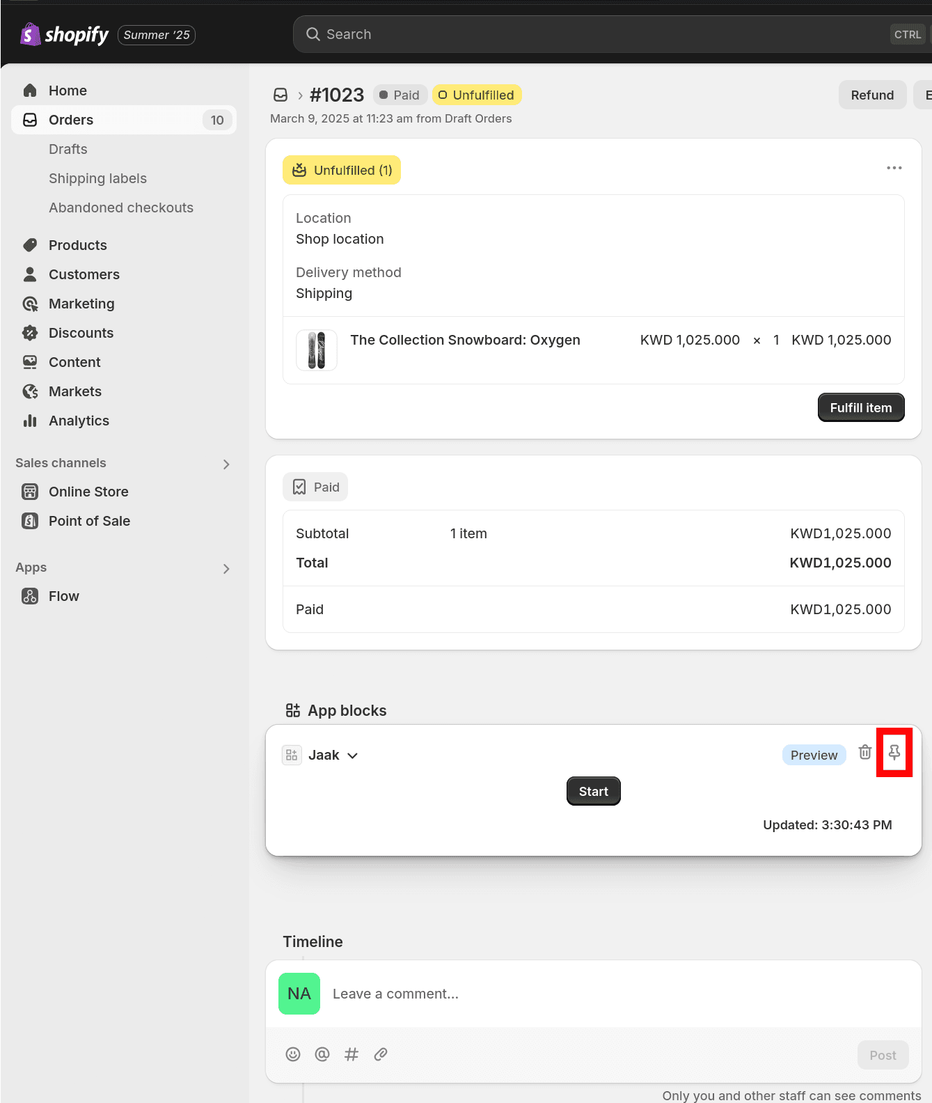 A Shopify order detail page with the Jaak app block and the 'Pin' button highlighted.