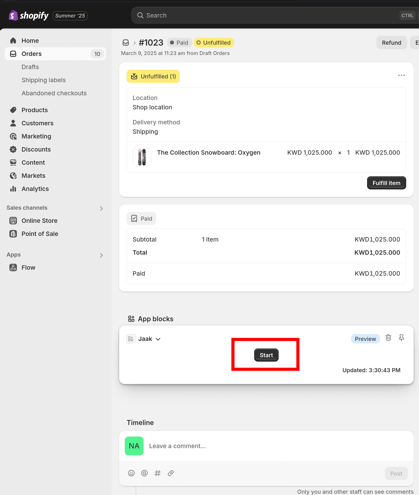 A Shopify order detail page with the Jaak app block and the 'Start' button highlighted.
