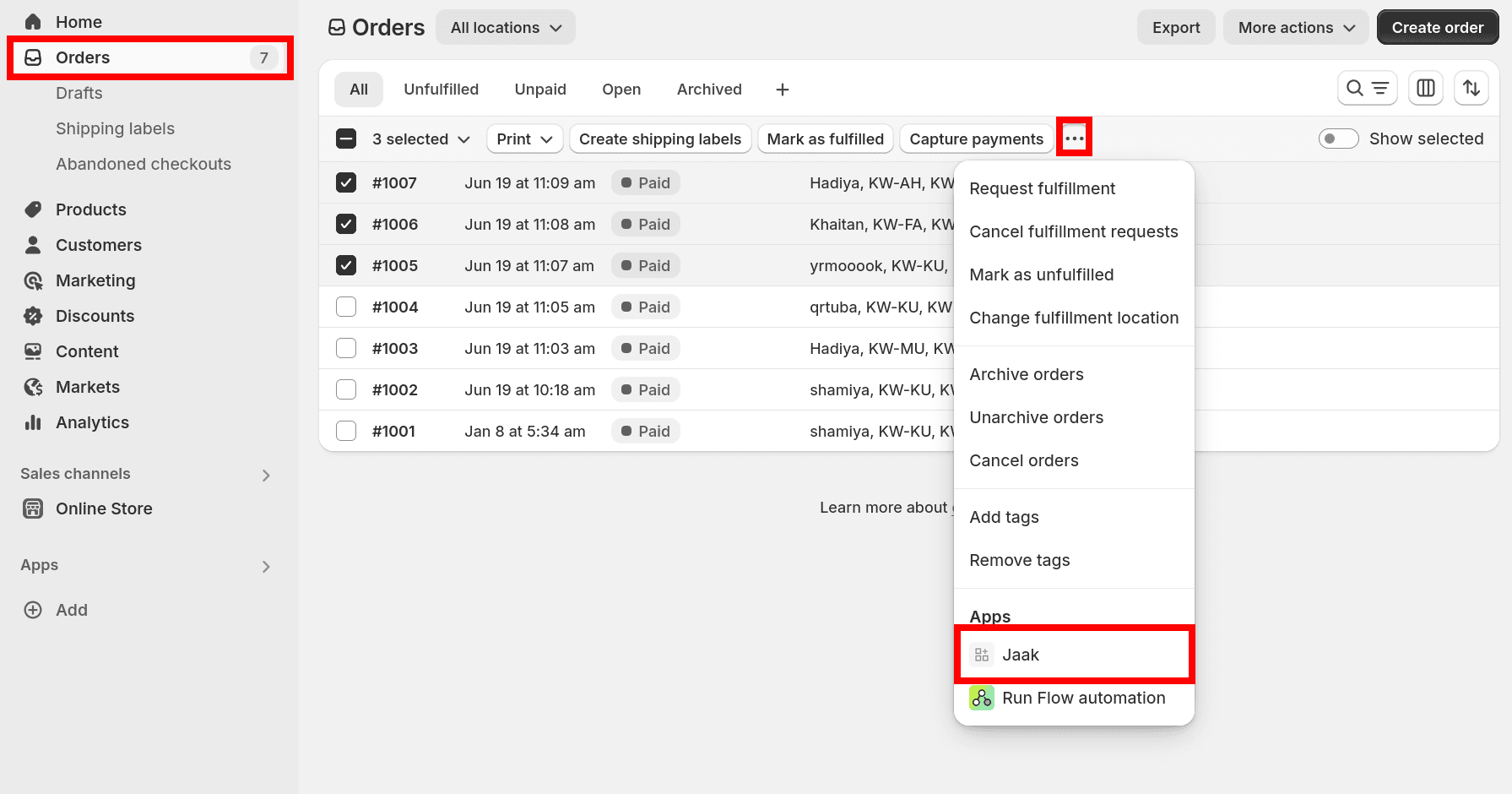 A Shopify orders page with multiple orders selected and the Jaak option in the menu bar.