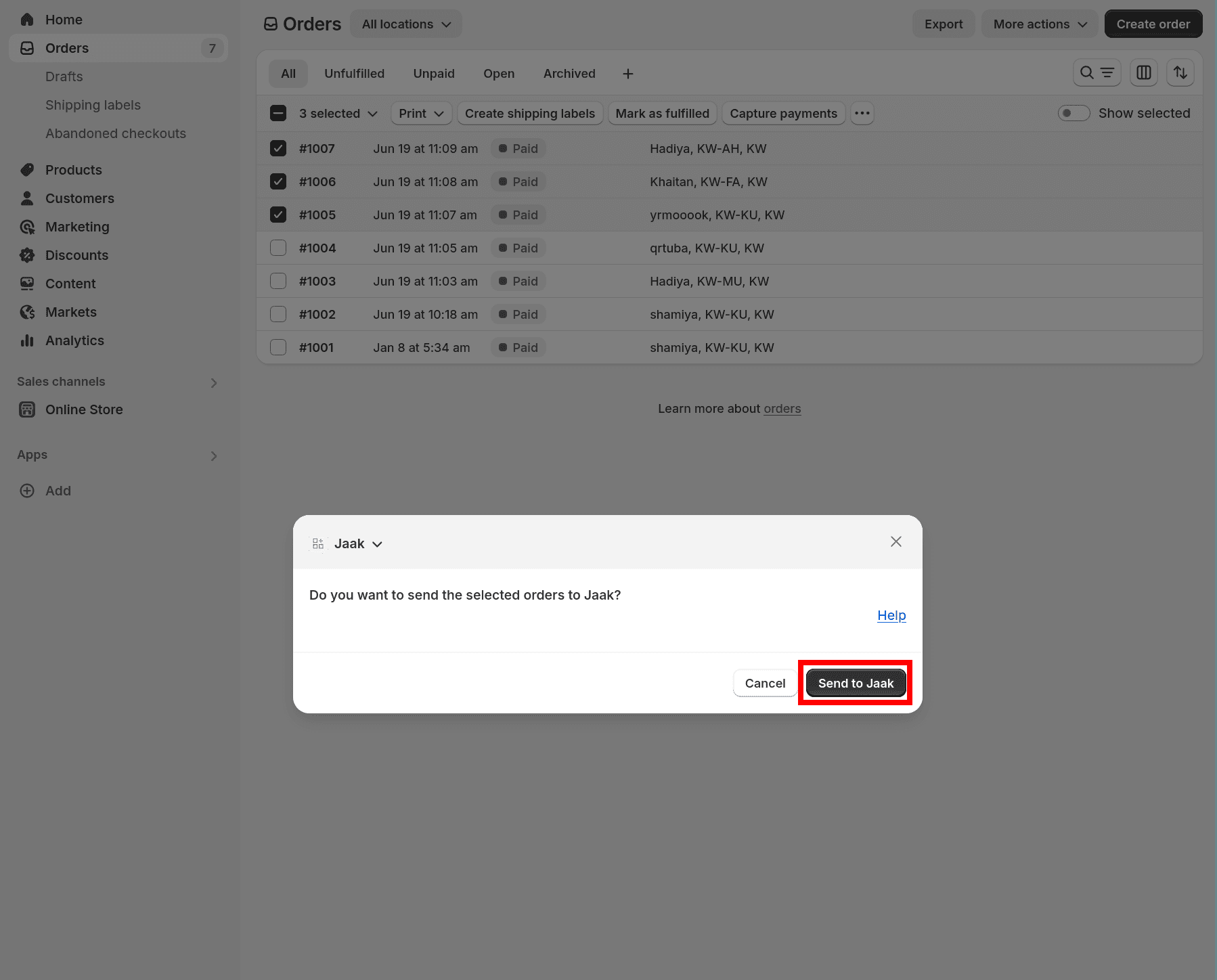 A Shopify orders page with 'Send to Jaak' button highlighted.