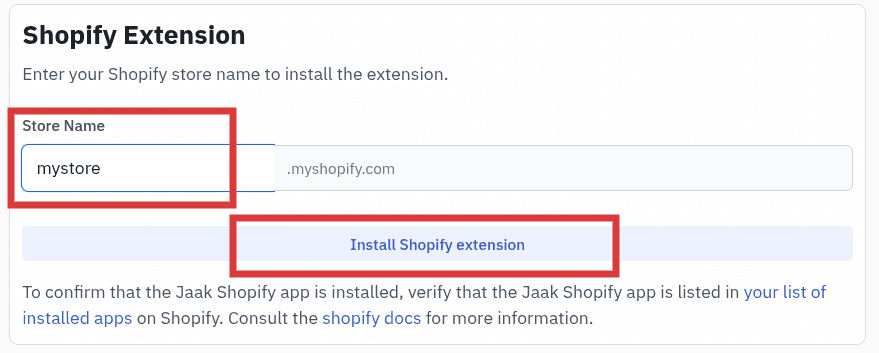 The Jaak Organization Settings page with the Shopify Extension section highlighted.