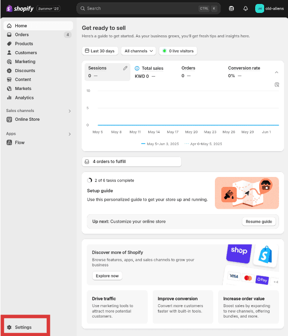 The Shopify admin page with the 'Settings' button highlighted.
