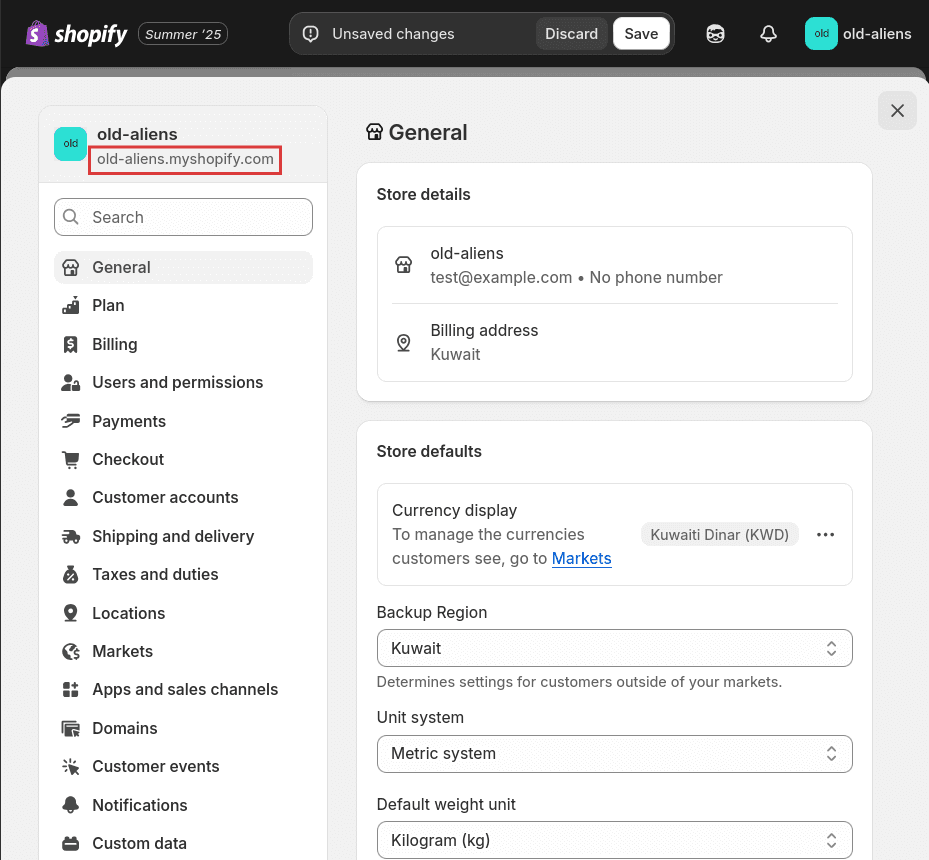 The Shopify settings page with the Shopify store name highlighted.