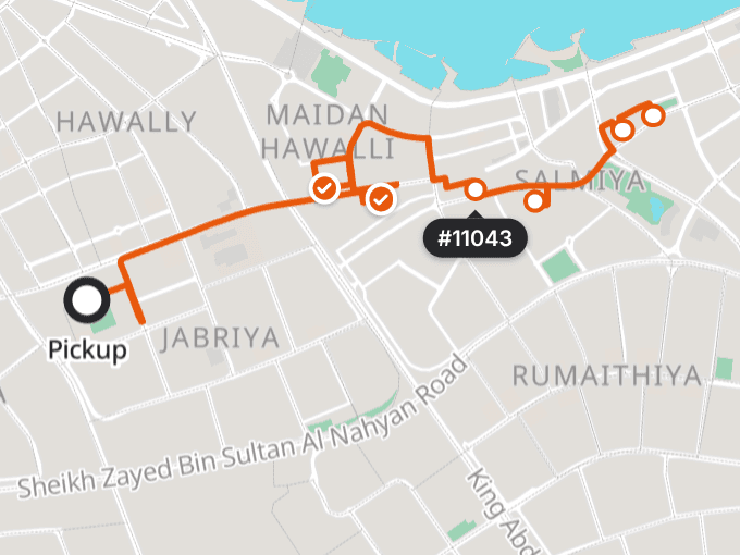 One driver's route from the pickup location, with two delivered orders checked off and the remaining orders still to go.